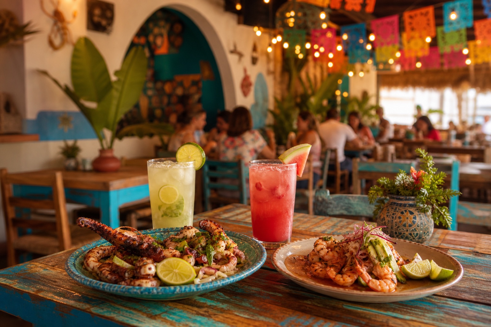 Ambiente festivo y familiar del restaurante Mariscos Los Pulpos con papel picado