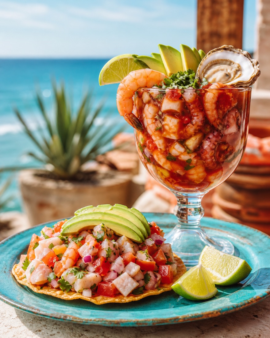 Ceviche y cóctel de mariscos frescos