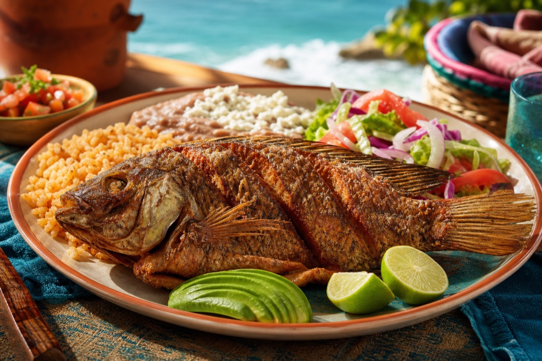 Mojarra frita entera con arroz, frijoles y ensalada
